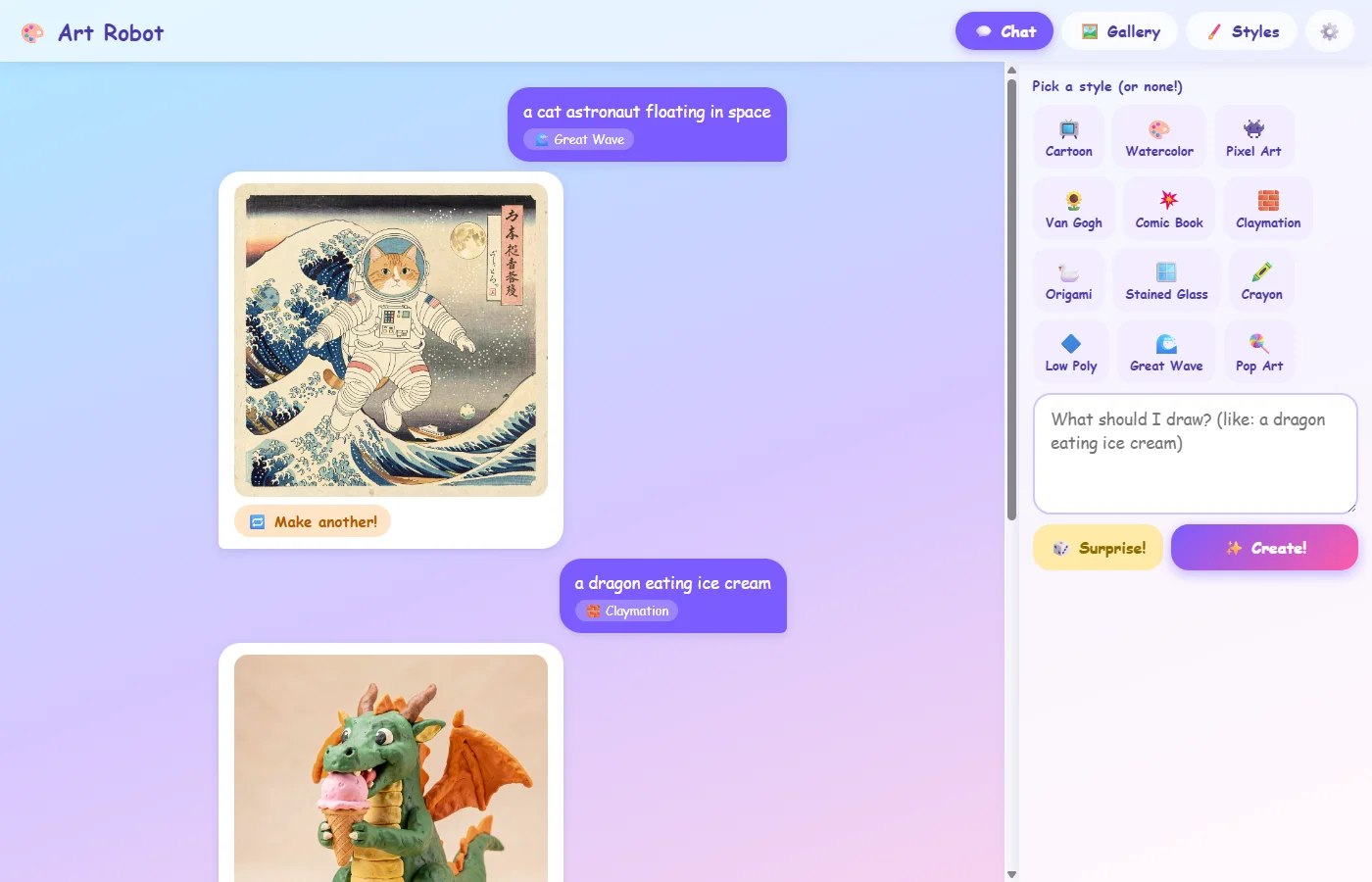 The chat page: history on the left, prompt box and style picker on the right