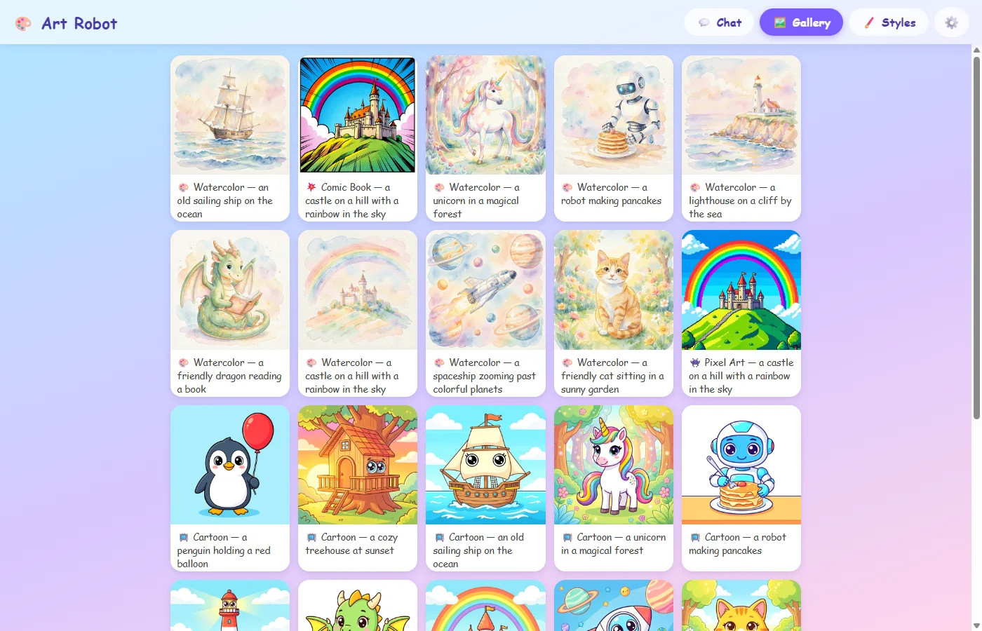 The gallery: the kids' pictures and the style examples in one date-sorted grid