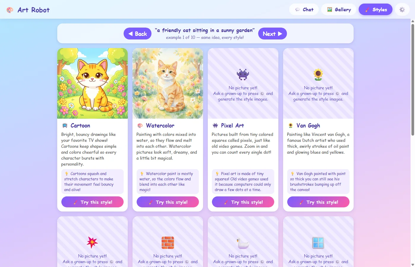 The Styles learning page: every style renders the same example prompt, here "a friendly cat sitting in a sunny garden"